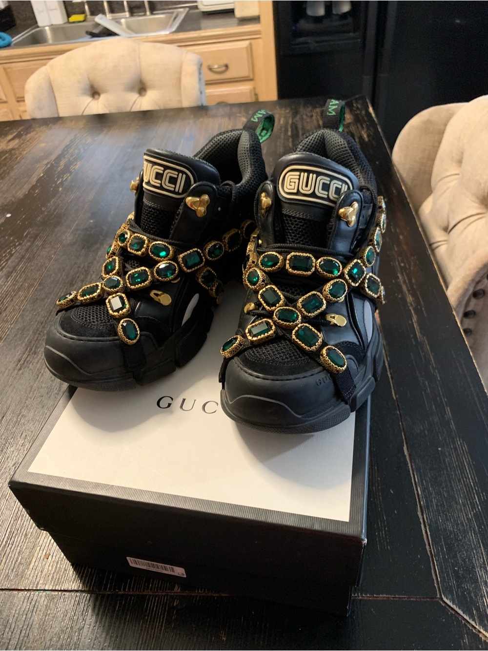 Gucci Black Low Top Lace Up Sneakers Green/Gold Jeweled Straps Logo Box Bag